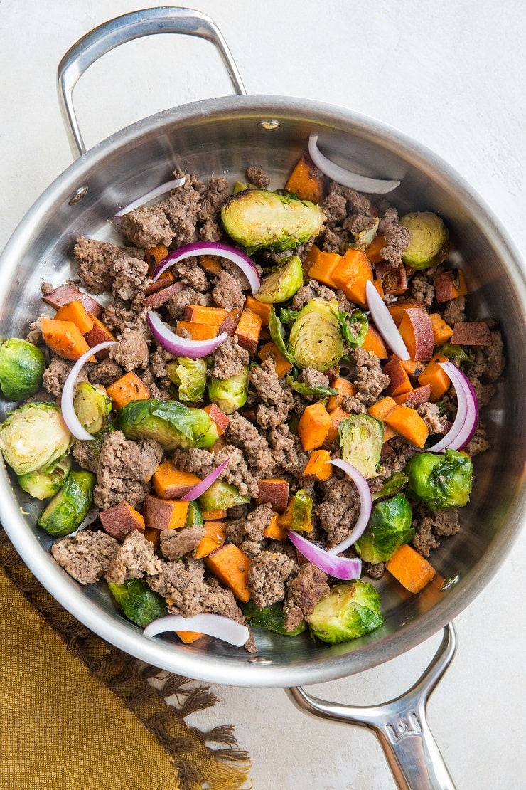 Ground Beef and Sweet Potato Skillet with Brussel Sprouts - a quick, easy, healthy on-skillet dinner recipe. Paleo, whole30, delicious.