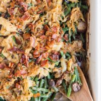 Healthy Mediterranean Green Bean Casserole made gluten-free and dairy-free. A rustic spin on traditional green bean casserole.