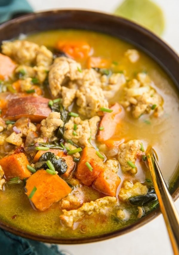 Sweet Potato Ground Turkey Soup with Ginger Turmeric Spinach and Garlic - an anti-inflammatory paleo whole30 dinner recipe