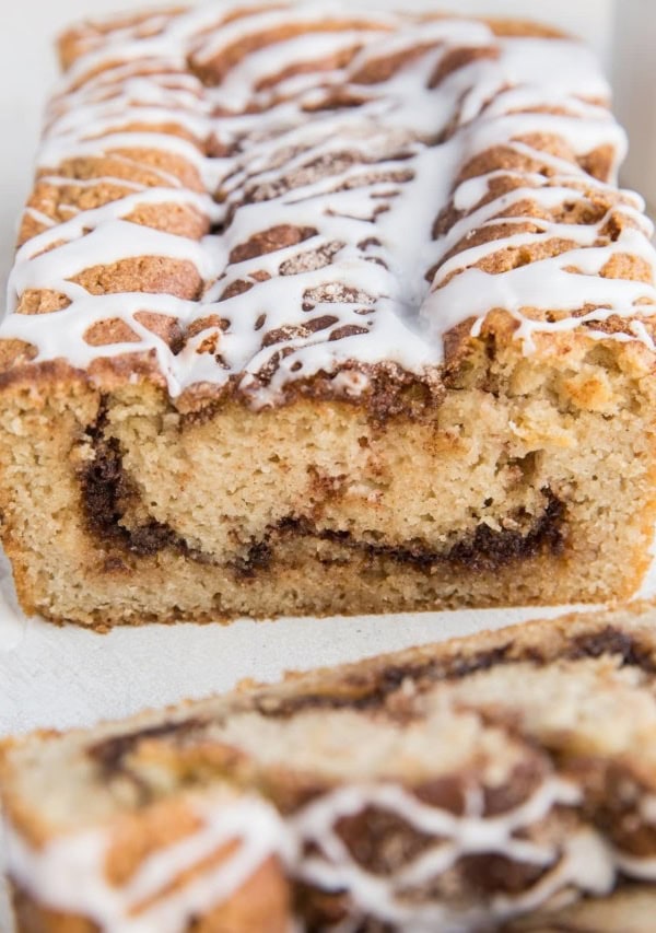 Loaf of low carb cinnamon bread with slices taken out