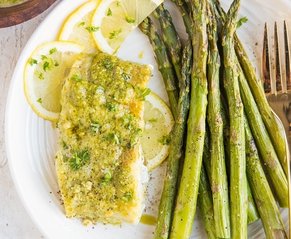 Pesto Baked Cod with Asparagus - a clean and easy dinner recipe that is low-carb and keto