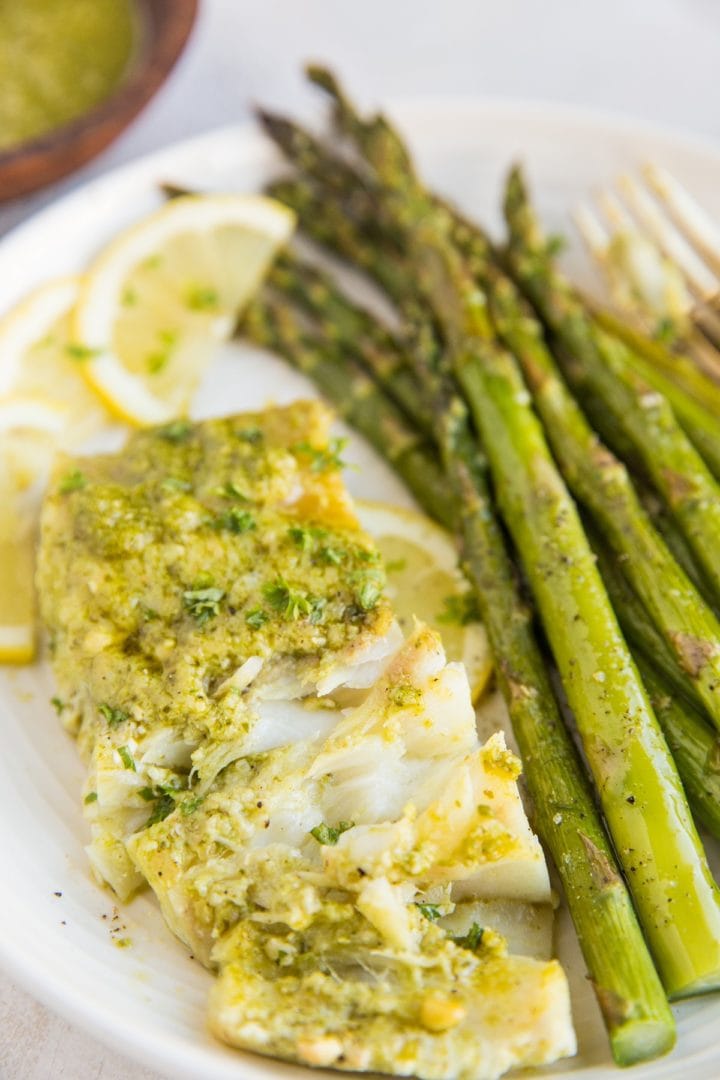 Pesto Baked Cod & Asparagus (Keto) - The Roasted Root