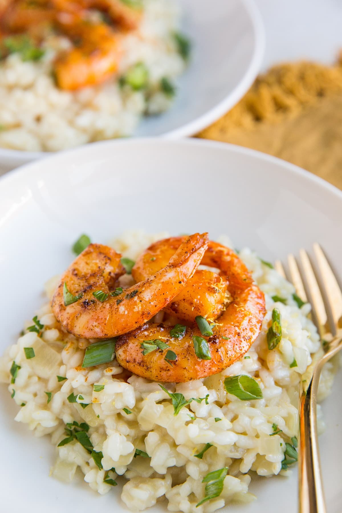 Decadently Creamy Risotto with Pan Seared Garlic Shrimp and Peas