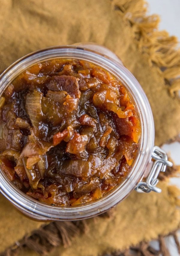 Top down photo of bacon jam in a mason jar