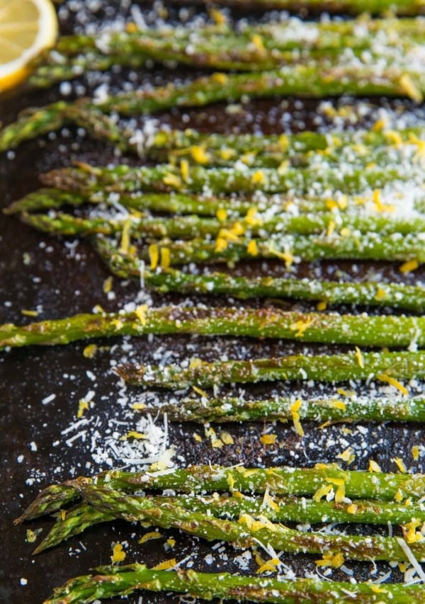 Baking sheet of roasted asparagus