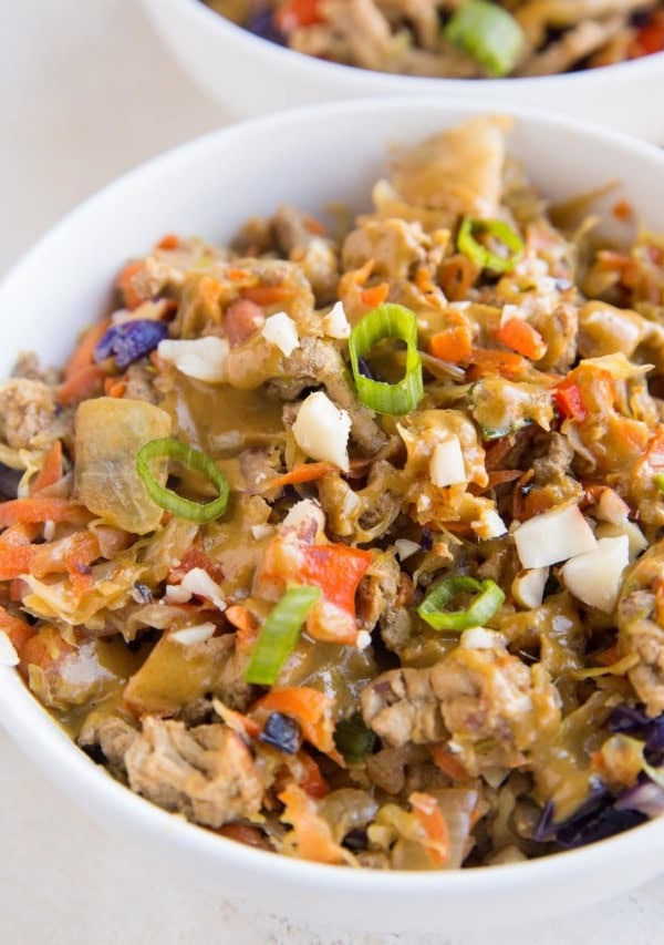 close up photo of ground turkey cabbage bowls with lots of veggies