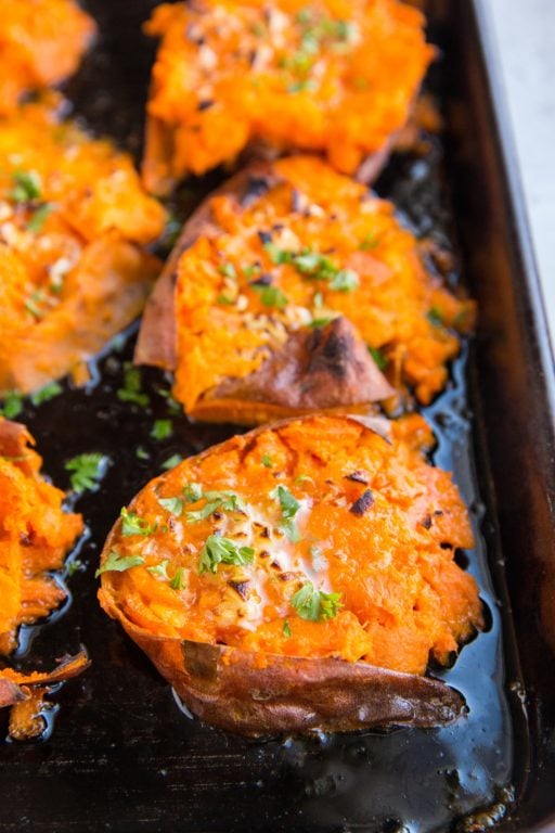 Smashed Sweet Potatoes With Garlic Butter And Honey - The Roasted Root