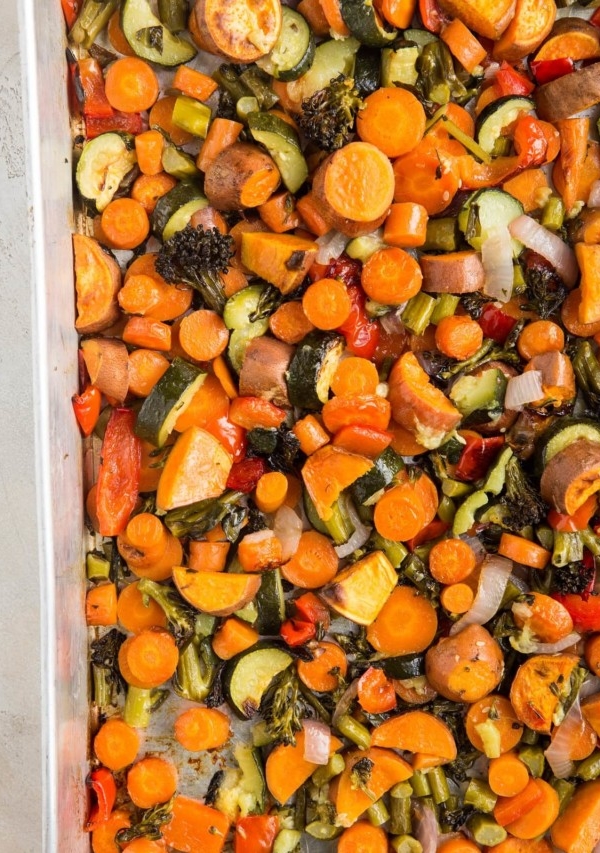 Large roasting pan of roasted vegetables