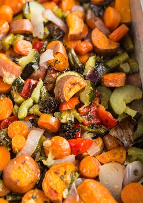 Big batch of roasted veggies in a large roasting pan or casserole dish