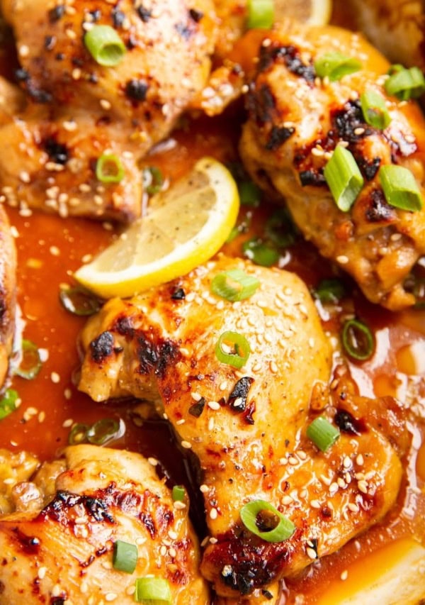 Honey Lemon Garlic Baked Chicken Thighs in a casserole dish