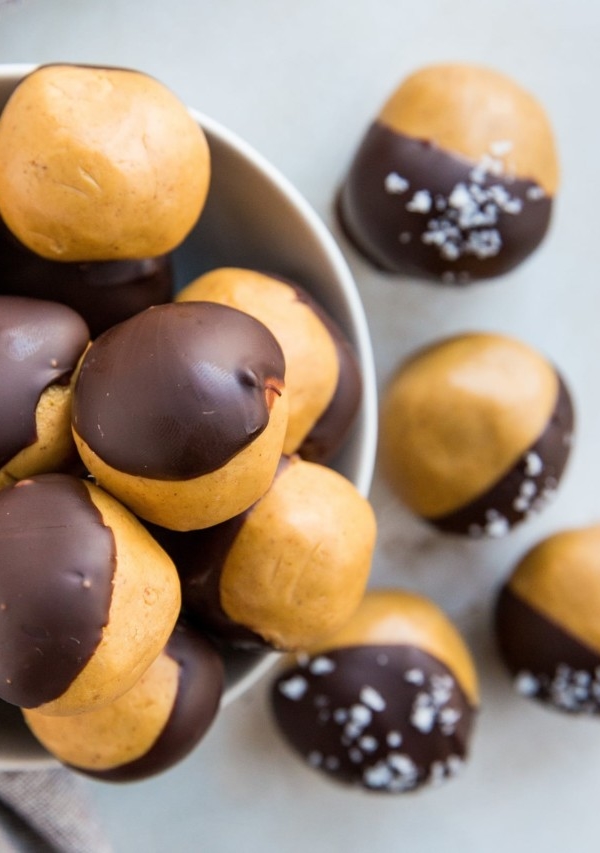 top down photo of bowl of protein balls