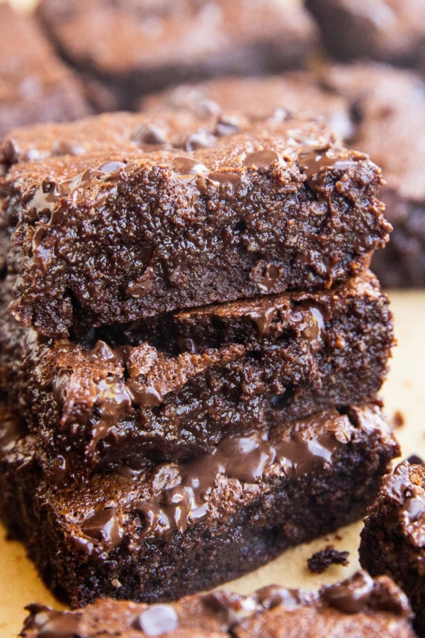 close up image of a stack of almond flour brownies