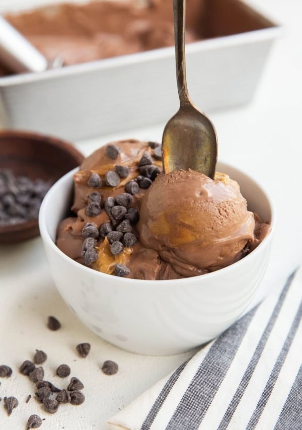 bowl of chocolate peanut butter ice cream with chocolate chips on top and a spoon ready to take a bite.