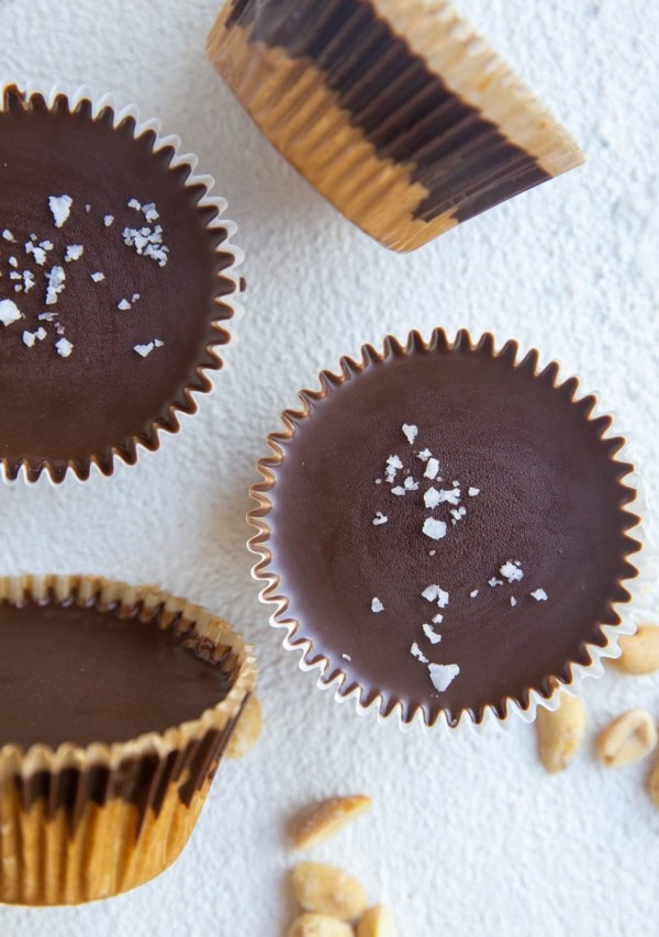 close up top down image of homemade low-carb protein peanut butter cups.