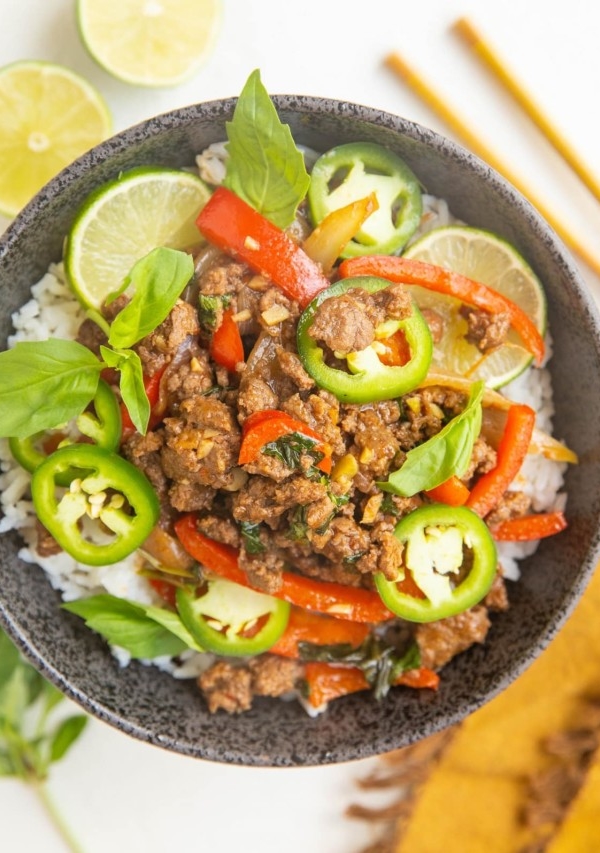 Healthy 30-Minute Thai Basil Beef (Pad Gra Prow) is savory, sweet, with just the right amount of kick. Easy to prepare any night of the week for a healthy dinner! Gluten-free, soy-free, refined sugar-free and paleo.