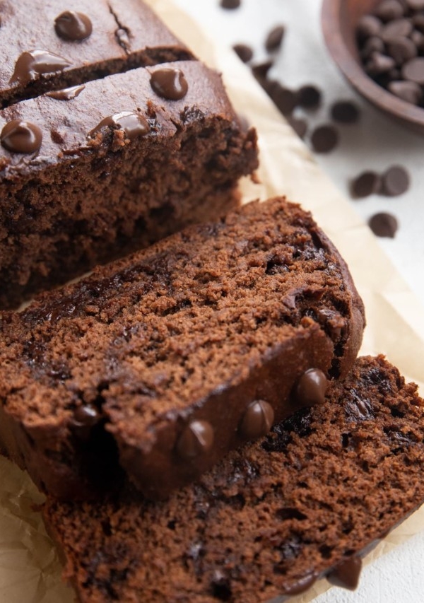 Close up image of sliced chocolate banana bread.