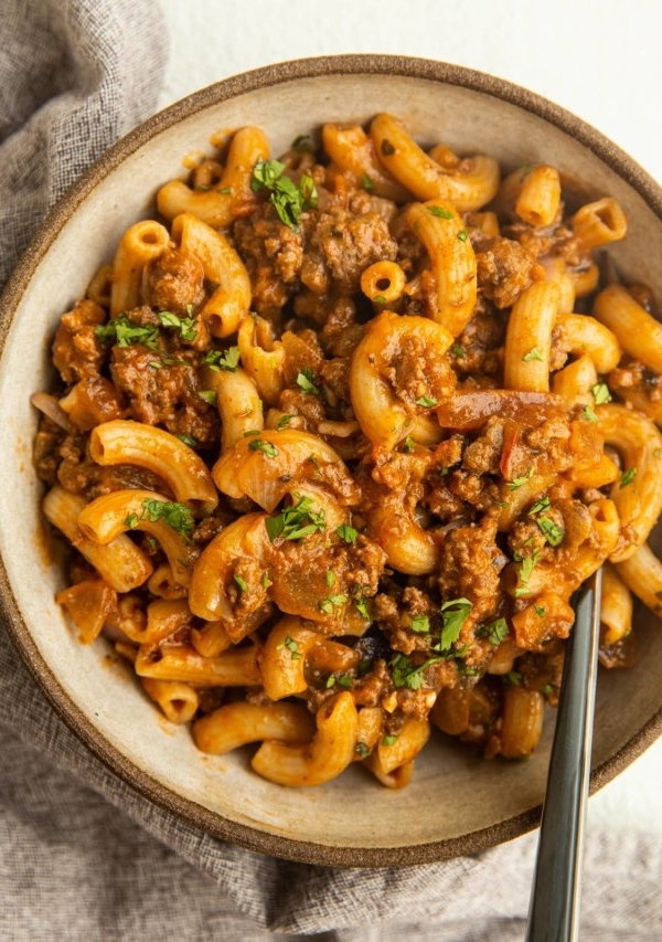 Bowl of homemade hamburger helper.