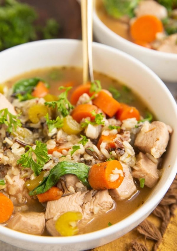 Two bowls of wild rice chicken soup.