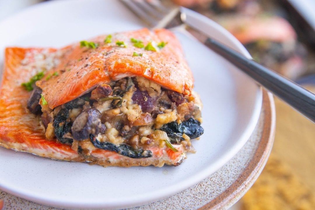 Mushroom and Spinach Stuffed Salmon - The Roasted Root