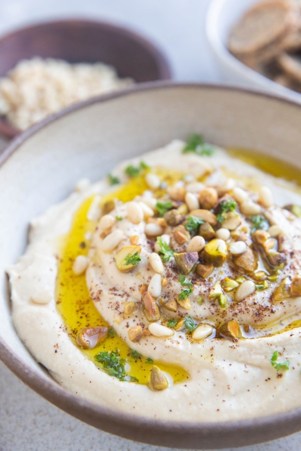 Creamy Roasted Garlic Hummus recipe in a bowl, ready to serve
