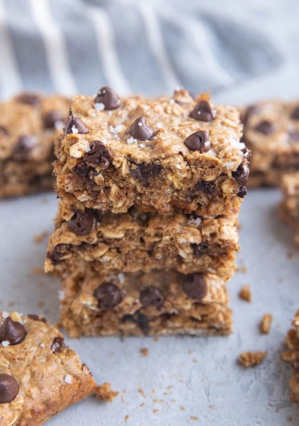 Stack of almond butter oatmeal cookie bars.