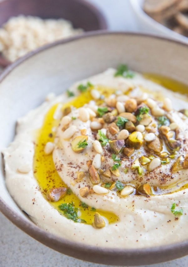 Creamy Roasted Garlic Hummus recipe in a bowl, ready to serve