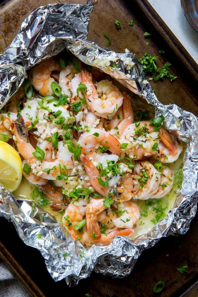 Lemon Garlic Foil Packet Shrimp - The Roasted Root