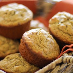 Basket of banana walnut muffins, ready to eat.