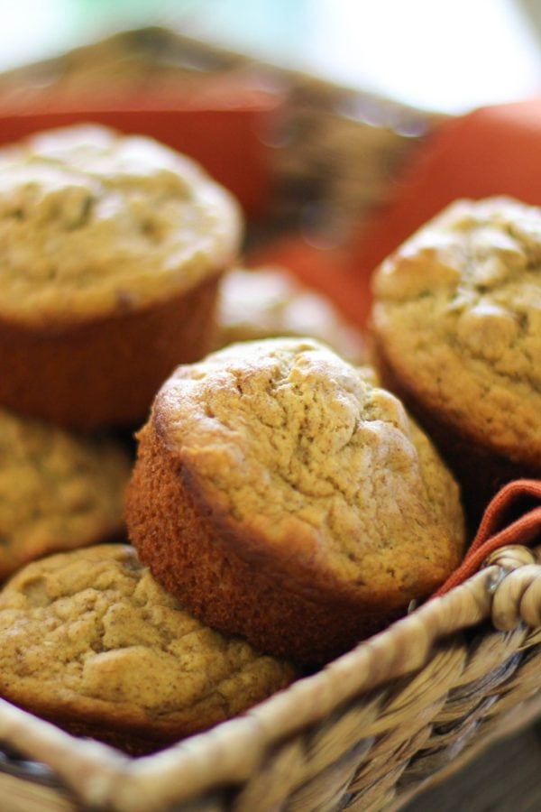 Basket of banana walnut muffins, ready to eat.