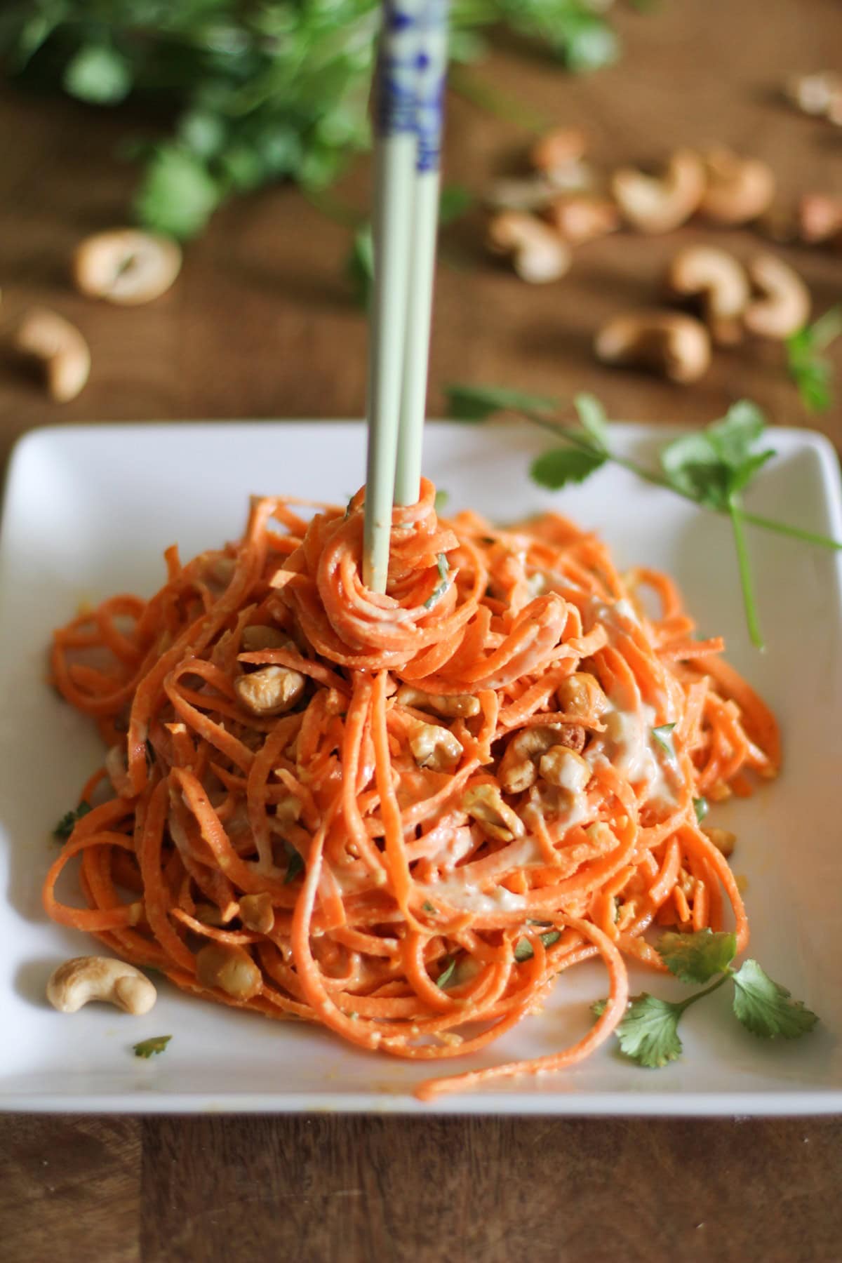 Raw Carrot Pasta with Ginger-Lime Peanut Sauce