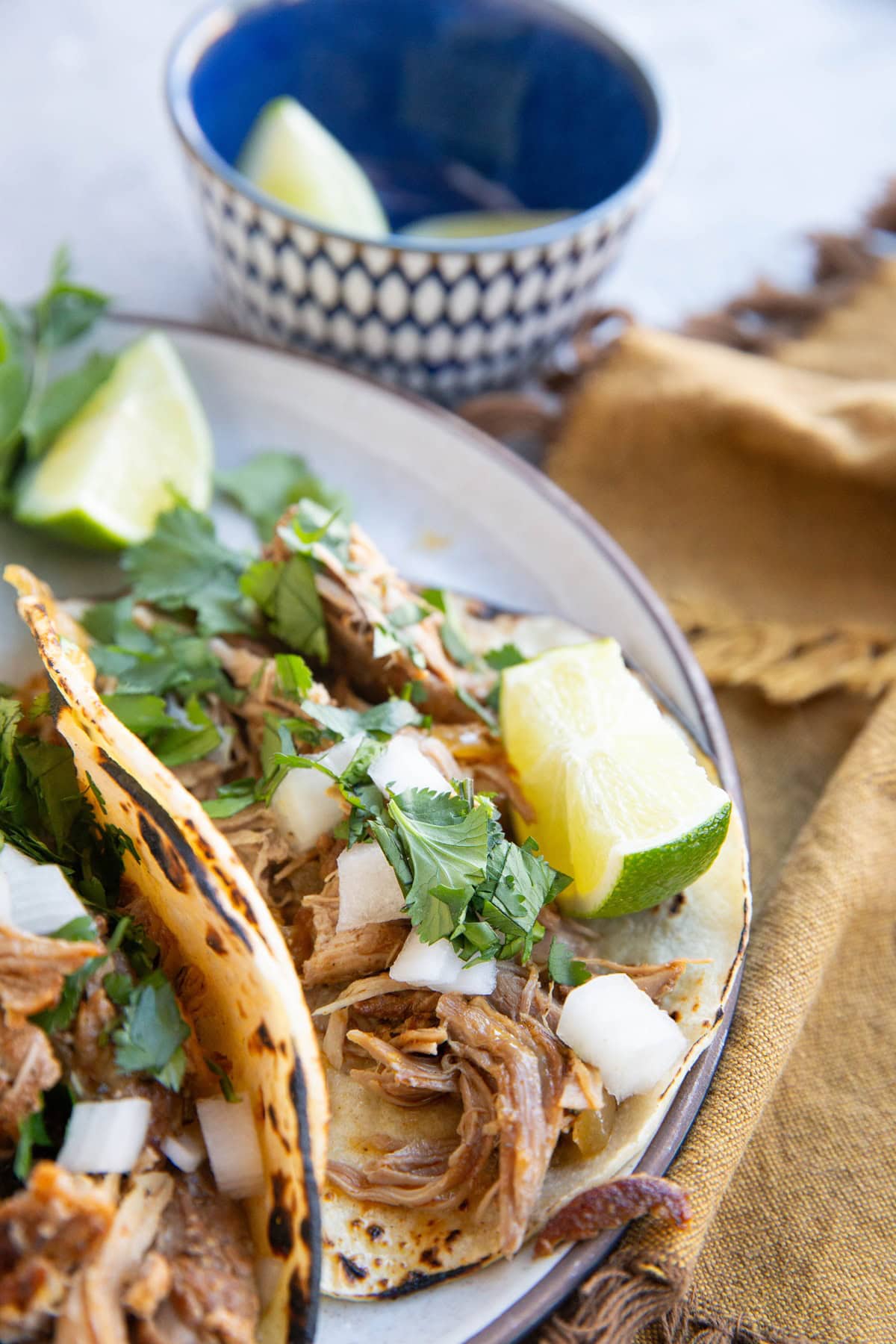 Three shredded pork tacos on a plate.