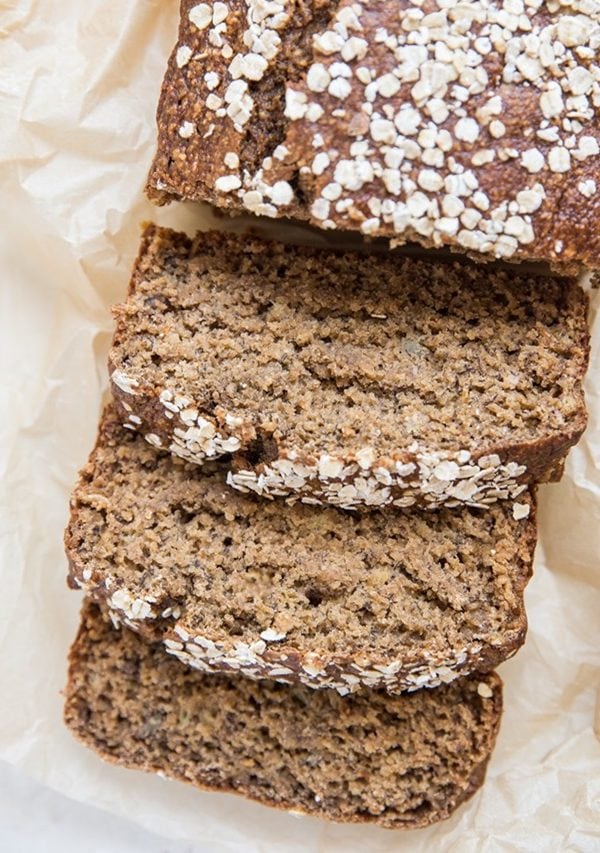 Loaf of dairy-free gluten-free oatmeal banana bread with slices cut