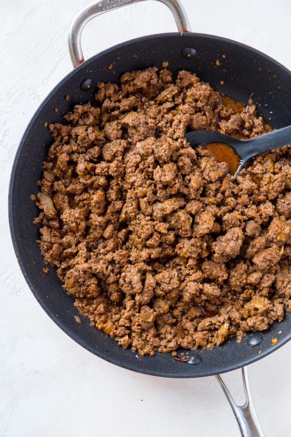 Skillet full of taco meat from homemade taco seasoning, ready to be used in tacos.