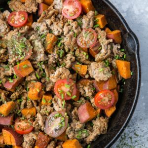 top down photo ground turkey sweet potato skillet