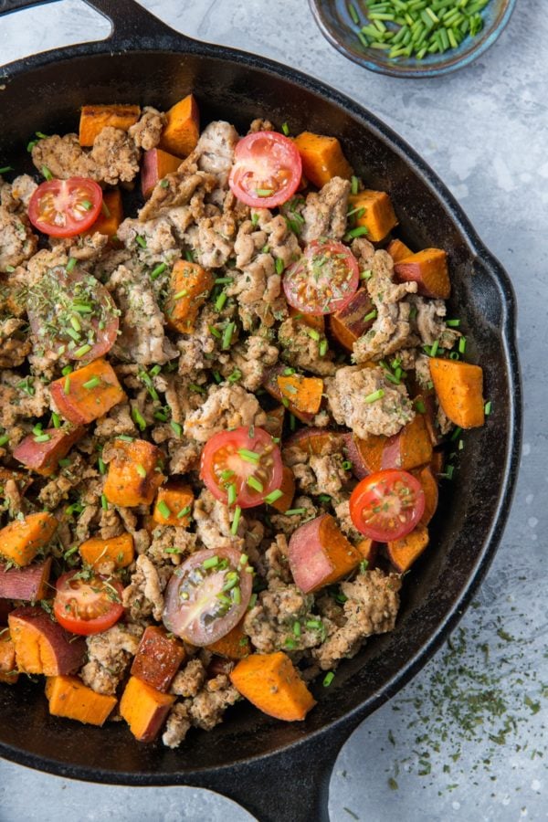 top down photo ground turkey sweet potato skillet