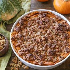 Kabocha squash casserole with nuts sprinkled all around