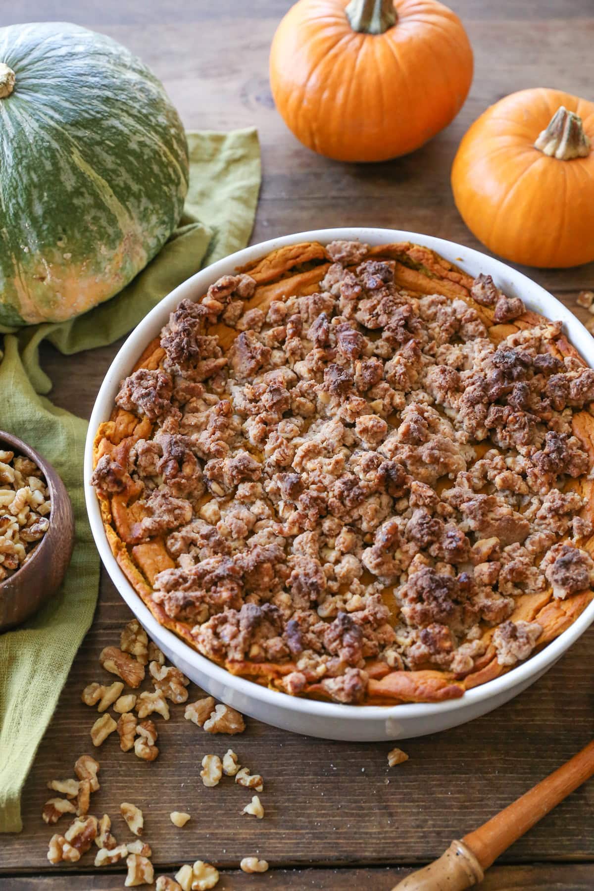 Kabocha squash casserole with nuts sprinkled all around