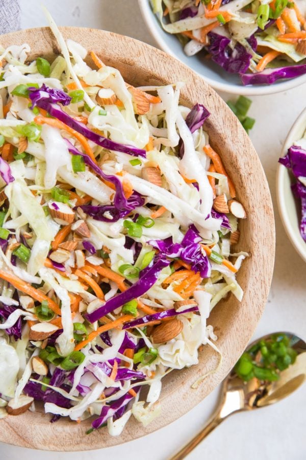 Big bowl of homemade coleslaw without mayo! Ready to serve.