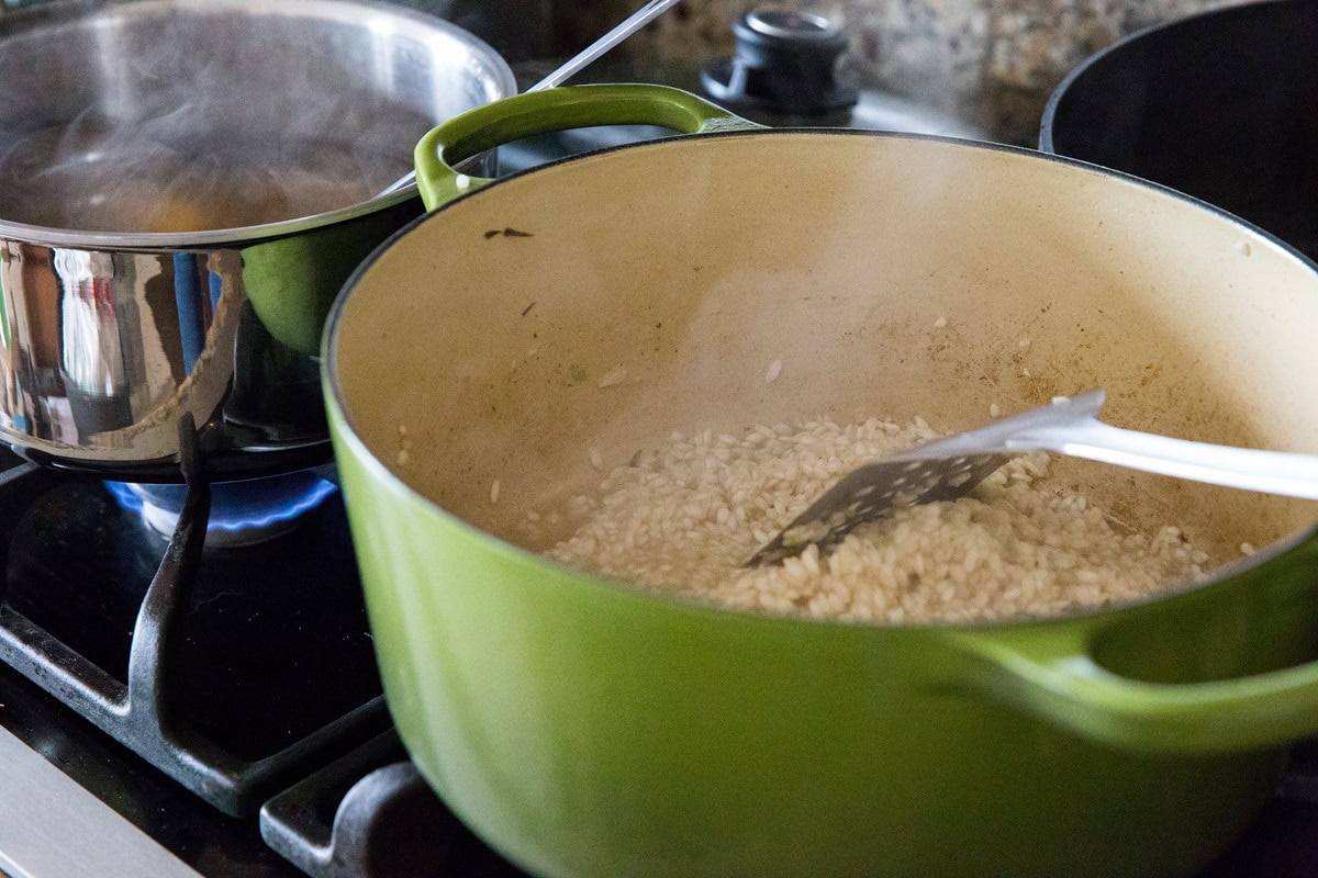 Brown the arborio rice for risotto