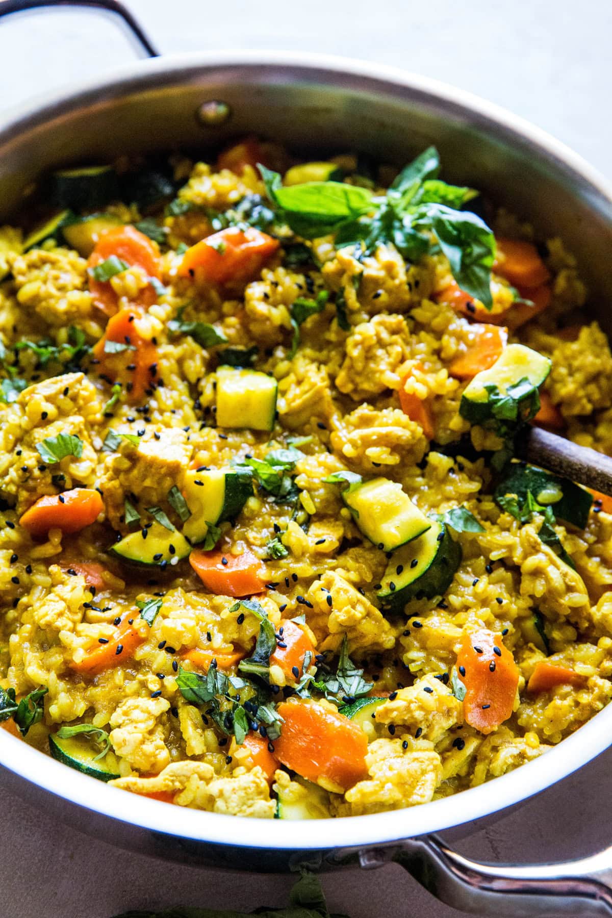 One Skillet Ground Turkey Thai Curry Skillet with Rice - an easy one-pot meal of aromatic coconut milk sauce | TheRoastedRoot.net