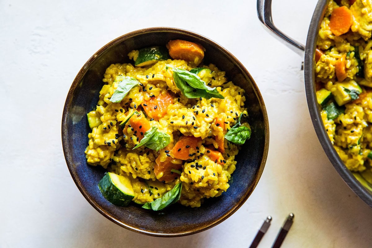 One Skillet Ground Turkey Thai Curry Skillet with Rice - an easy one-pot meal of aromatic coconut milk sauce | TheRoastedRoot.net