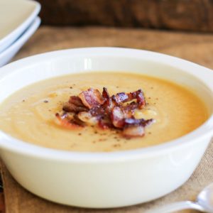 Easy Creamy Cauliflower Soup in a white bowl