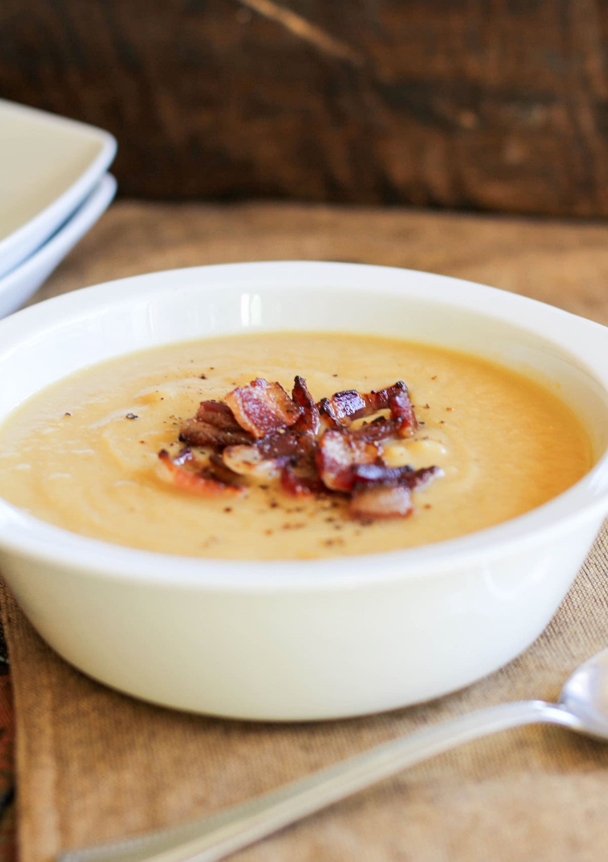 Easy Creamy Potato Leek Soup in a white bowl