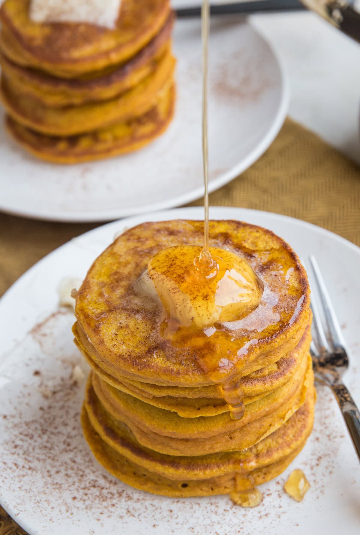 Gluten-Free Flourless Protein Pumpkin Pancakes made dairy-free. Light, fluffy, amazing fall-inspired pancake recipe