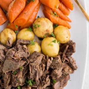 Pot Roast with vegetables on a platter, ready to serve.