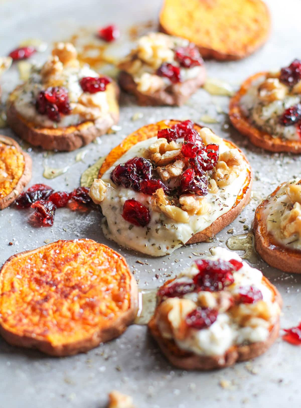 Sweet Potato Rounds with Herbed Goat Cheese, Roasted Walnuts, Cranberries, and Honey | TheRoastedRoot.net an easy and healthy appetizer! #recipe #glutenfree #healthy #holiday