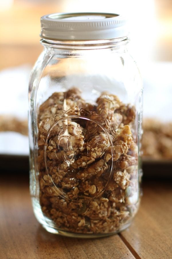 Jar full of walnut granola.