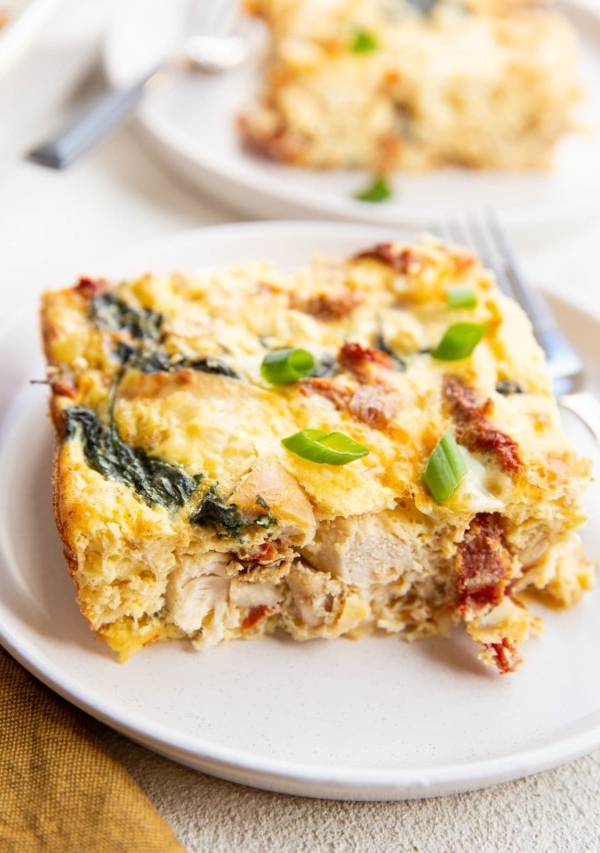 Close up on chicken and spinach egg casserole.