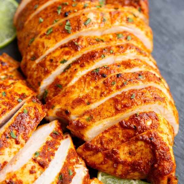 Two large chicken breasts on a black cutting board, cut into slices.
