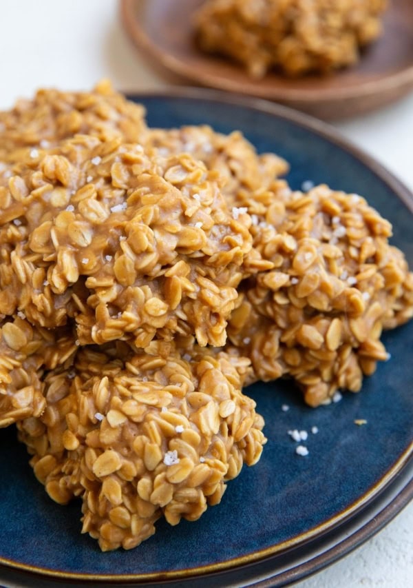 Plate of peanut butter no-bake cookies.